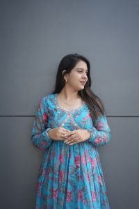 Classy & Stylist Heavy Tenby Organza Anarkali style Kurti Gown with floral pattern long sleeves pre-order available 2/3 weeks delivery.