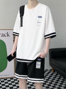 ROMON | Romon Mens Summer Thin Short Sleeve T-Shirt Shorts Set Casual Sports Basketball Uniform Two-Piece Trendy Brand Youth Polyester Fiber