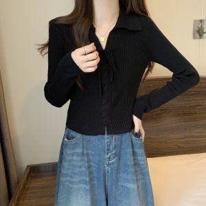 Plus Size Womens Clothing K-style Shoelace Heavy Industry Rope Polo Collar Knitting Bottoming Shirt Chubby Girl Silm Slimming Short Top