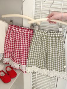 Korean Style Girls Spring Autumn Plaid Lace Trimmed Casual Straight Leg Trousers Baby Vintage Patchwork Long Pants