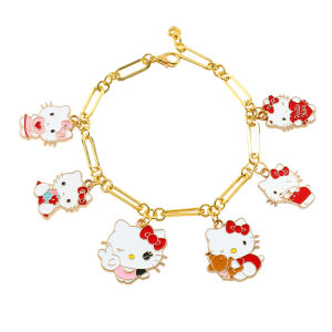 Sanrio | Gold Tone HelloKitty Charm Bracelet Zinc Alloy with Multi Kitty Enamel Charms Adjustable Paperclip Link Chain for Girls & Fans