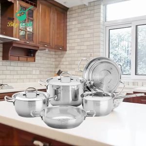 Bộ nồi chảo xửng inox 430 cao cấp Fivestar 5 chiếc 3 đáy dùng được mọi bếp - Shop Bếp Xinh