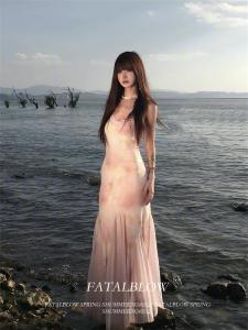 French Style Pink Floral Lace Strapless Long Dress Women Summer 2025 Beach Vacation Slim Fit High Waist A-Line Skirt Dress