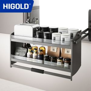 HIGOLD 500/600/800 Adjustable Pull Wall Cupboard Kitchen Hanging Lifting Basket Shelf Tempered Glass Design Bowl Basket Double Spice Basket Pull Down Basket