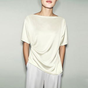 AMII | Professional Style Drooping Collar Pleated Mid Sleeve Soft Shine Acetate T-shirt
