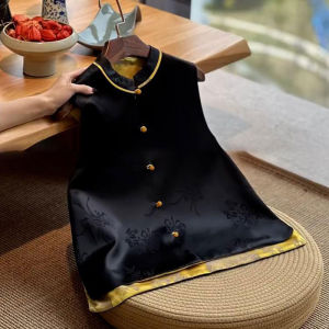 เสื้อกั๊กไหมสีดำสไตล์ Song Dynasty สำหรับผู้หญิง ฤดูใบไม้ผลิและฤดูใบไม้ร่วง เสื้อกั๊กแฟชั่นขนาดเล็ก เสื้อคลุมกันหนาวที่สวยงามและน่ารัก