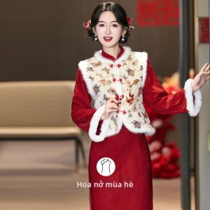 Áo Qipao Màu Đỏ Phong Cách Trung Quốc Mới 2025 cho Cô Dâu Trẻ & Quần Áo Lễ Hội