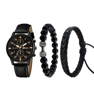 Men Quartz Watch Set 3PCS Leather Strap Wristwatch Bracelet Rope Gift Casual Style⚡PH deliveryIn stock⚡