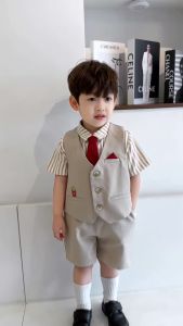 Set bộ vest gile công tử bé trai áo sơ mi tay ngắn phối gile kèm nơ 1 đến 7T BERNIE 0824B49