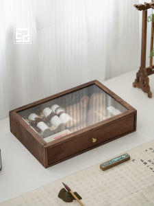 Black Walnut Solid Wood Tea Leaf Storage Box with Glass Tea Cake Organizer Box Calligraphy Artifacts Display Box Desktop Storage
