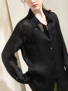 Miccbeirn | Elegant Long Sleeve Silk Polo Shirt With Embroidery Simple Style Commute Casual Womens Top 100% Mulberry Silk Office Wear