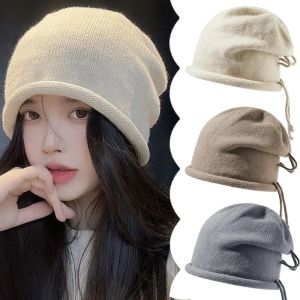 หมวก ไหมพรม ถัก สำหรับ ผู้หญิง หมวก คลุมผม ขอบม้วน ยี่ปุ่น กันหนาว สำหรับ เด็ก หมวก ปรับขนาด ที่จะมีเชื้อกผูกปากใหญ่