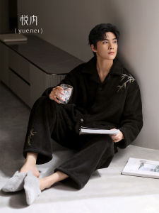 Coral Fleece Lined Thickened Winter Pajamas Mens Home Clothes Warm Comfortable Black Chinese Style Sleepwear Set Youth Size