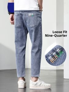 ROMON | Romon Mens Summer Loose Straight Leg Jeans Trendy Light Blue Washed 9-Length Casual Pants Youthful Style Antibacterial