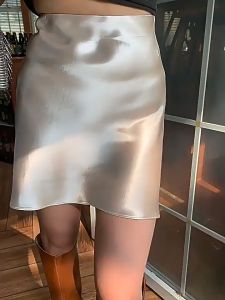 (Stock in KL-159) Acetate Satin Skirt Women High-End Chic A-Line Skirt Drape Hip Silk Skirt