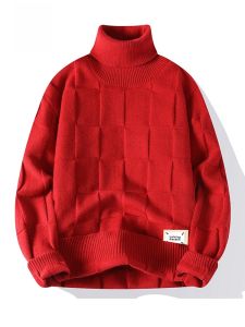 ROMON | Romon Mens Winter High Collar Sweater Red Knitted Shirt Fashionable Urban Loose Fit Long Sleeve Casual Wear For New Year