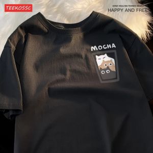 Mocha Latte Cat Cà Phê Graphic Tee Nam Áo Thun Quá Khổ Tay Ngắn Thoải Mái Mềm Cổ Tròn Hàng Đầu Để Mặc Hàng Ngày