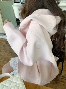 Sweet Pink Full Embroidery Kitty Zipper Jacket Womens Autumn Winter New Lazy Style Hooded Open Cardigan Sweatshirt