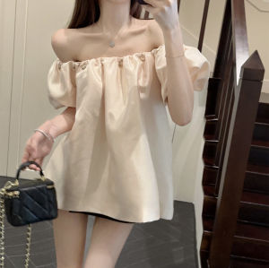GUZILIAN | French Casual One Shoulder Bubble Sleeve Short Shirt Women Lazy Style Sweet Summer Loose Slimming Pure Desire Top