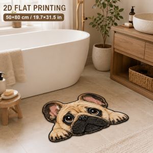 VIKAMA Cute French Bulldog Plush Rug Non-Slip Water-Absorbent Bathroom Doormat Bedroom Bedside Decorative Rug Home Decor