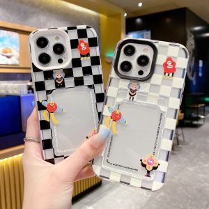 CrashStar 3 In 1 Grid Cartoon Cute Phone Case With Card Slot For iPhone 15 14 13 12 11 Pro Max Mini XS XR X 8 7 Plus + SE 2020 Transparent Shockproof Phone Casing Silicone Soft Phone Cover Shell Hot Sale