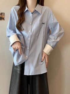 plus Size Womens Blue Striped Long Sleeve Shirt Cover up Top Korean Style Loose Fit Embroidered POLO Collar Online Exclusive