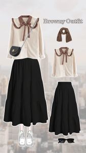 one set outfit remaja 3in1 ( Blouse Sailor + Rok Susun Hitam + Pashmina + Kacamata Keren ) AM175N