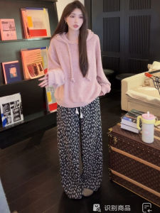 Ibell Zhang Silk Woolen Knitted Casual Pants Wide Leg Pants Drawstring Corded 3D Towel Embroidery Leopard Pattern High Waist