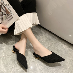 Womens Summer 2026 New Knitted Elastic Mule Slippers Fashion Pointed Toe mid Heel Retro Cover up Half Slippers Slip on Shoes