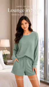 QMissLin QML-0073 Womens Waffle Knit Lounge Set Long Sleeve Crew Neck Top & Drawstring Shorts Casual Sleepwear Pajama Set