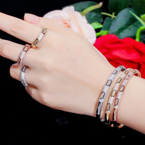 SEQUITO 2024 Summer Women Jewelry Rose Gold Silvery Golden Full Micro Pave Tiny Bling Zirconia Stone Leopard Print Crystal Evening Party Trendy Ring Bangle Set SJ375