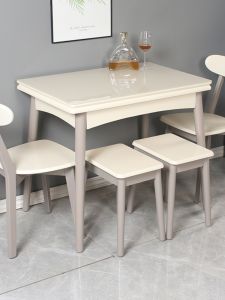 Dining Table For Home Small Apartment Combination Scandinavian Modern Minimalist Rectangular Retractable Multi-Functional Solid Wood Foldable Dining Table