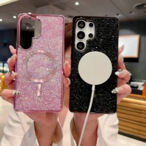 Luxury Bling Diamond Plating Edges Phone Case for Samsung Galaxy S25 Plus S24 S23 Ultra Wireless Charging Magnetic Glitter Cover