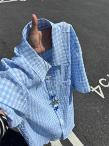 Blue Seersucker Short Sleeve Shirt Fun Buttons
