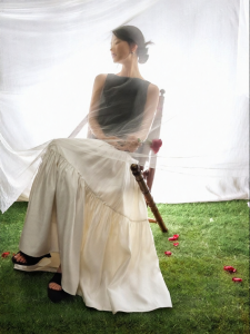 SUSHE | French Style Pearl Satin Elastic Waist Beaded A-Line Skirt