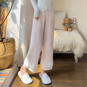 Pure Cotton Sleep Pants Womens Japanese Style Cotton Gauze Lace Trim Nine Point Wide Leg Long Pants Air Conditioned Home Pants