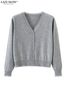 Spring 2025 Womens Lightweight Woolen Open Cardigan Knitted Sweater Outerwear Short Style V-Neck Long Sleeve Air Conditioning Top