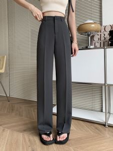 Narrow Version High Waist Wide-Leg Straight Pants Womens Spring/Summer Pendant Dark Gray Casual Boot-Cut Small Mop Long Suit Pants
