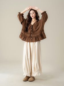SHANGWEILUO | Áo Thun cổ V Vintage màu Beige gỗ