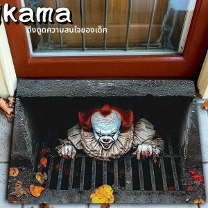 พรมเช็ดเท้าวิคามา ตัวตลกน่าขนลุกสำหรับวันฮาโลวีน พื้นหลังกันลื่นสำหรับใช้ภายใน/ภายนอกอาคาร ตัวเลือกยอดนิยมสำหรับการตกแต่งงานปาร์ตี้ธีมหนังสยองขวัญ