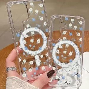 Simple Floral Clear Magnetic Phone Case For Samsung Galaxy A56 A55 A54 A36 A35 S26 S25 S24 Ultra Plus Edge Hybrid TPU+PC Cover