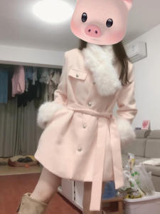 Pink Woolen Coat for Women Sweet Princess Style with Fur Collar Cowl Neck Design Thickened Winter Coat Long Sleeve Button Closure
