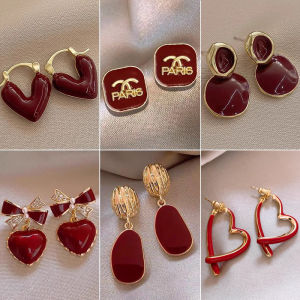 Elegant Wine Red Earrings Womens Fashion Retro Design High-End Sensation Ear Jewelry Fresh out Autumn 2023 Sweet Style
