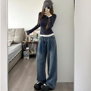 Quần Jeans Ống Rộng Dài Đến Sàn Cạp Cao Cho Nữ Quần Jeans Denim Dáng Rộng Thường Ngày Có Nút Khóa Khóa Mềm Dài Đến Sàn