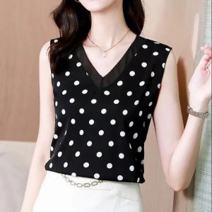Polka Dot Chiffon V Neck Design Summer Outerwear Suit Loose Sleeveless Vest Womens Base Shirt Inner Wear Casual Fashion