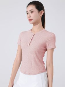 Slim Fit Yoga T-Shirt Henry Short Sleeve V-Neck Breathable Summer Sportswear Casual Style Polyester Blend Womens Top