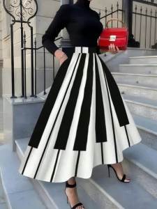 Printed Design All Seasons Black and White Striped Skirt Vacation Style Half Skirt