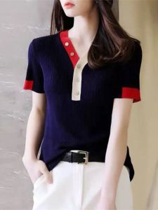 High-End Slim Fit Ice Silk Knitted Top V-Neck Short Sleeve Summer T-Shirt Womens Fashionable Korean Style Regular Thickness