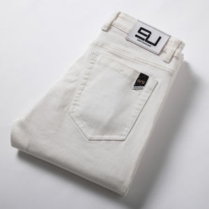 High-end Pure ผ้าฝ้าย สีขาว กางเกงยีนส์ ขาตรงของผู้ชาย ยืดได้ แบรนด์หรูแท้ส่งออกสินค้าหางเดียวดั้งเดิม กางเกง