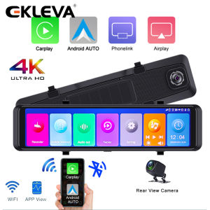 EKLEVA 4K 12Inch 2160P Dash Cam Carplay & Android Auto 5G Wifi Rearview Mirror Camera Car DVR GPS Navigation Video Recorder Dual Lens
